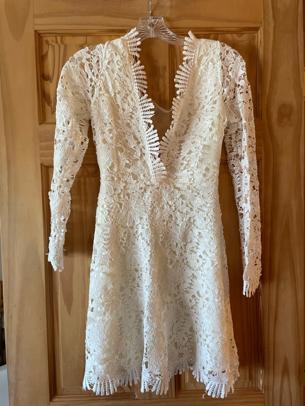 Ivory Long Sleeve Lace V-Neck Mini Dress